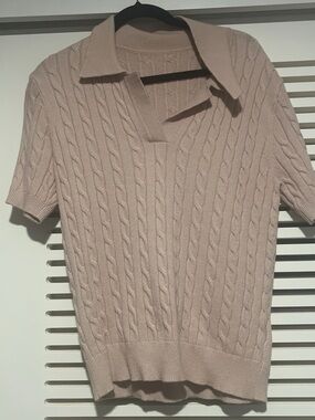 Women's Cable-Knit V-Neck Polo Sweater in Light Blush